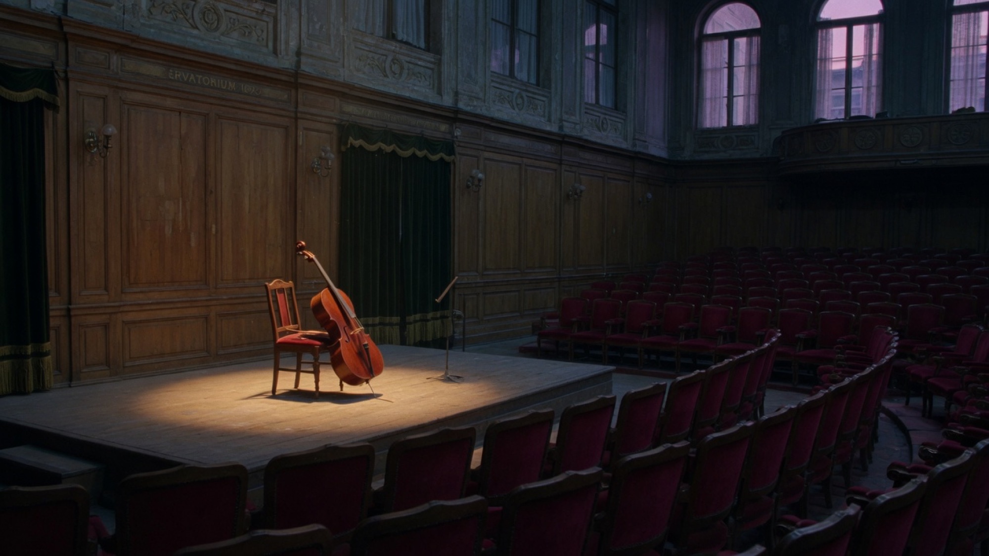 A recital hall with a cello and chair under a spotlight