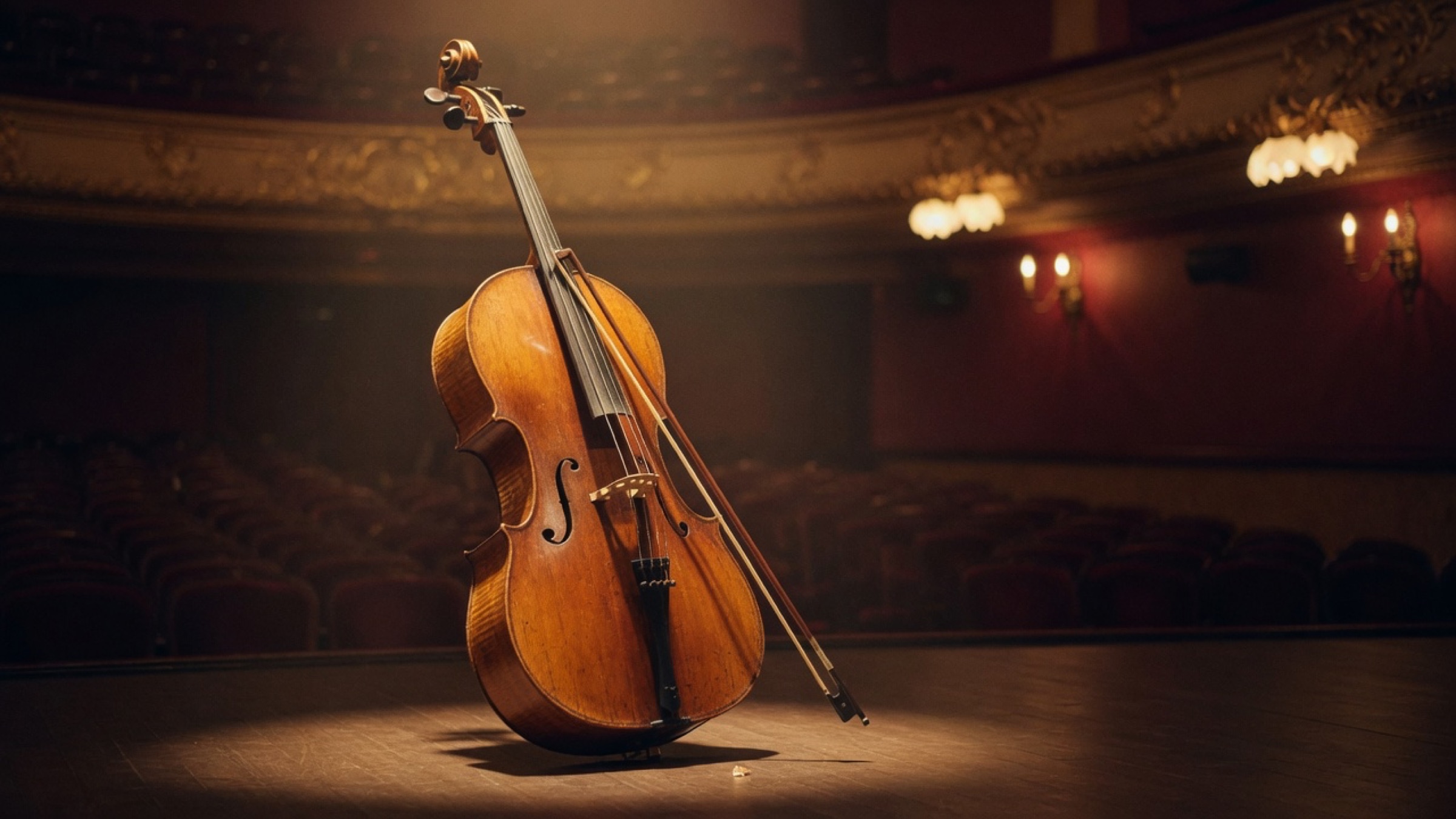 A cello standing in a pool of warm light on a concert-hall stage